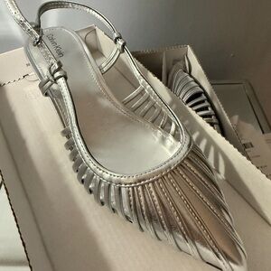Calvin Klein Jillie Silver Metallic Multi-Strap Slingback Kitten Heels